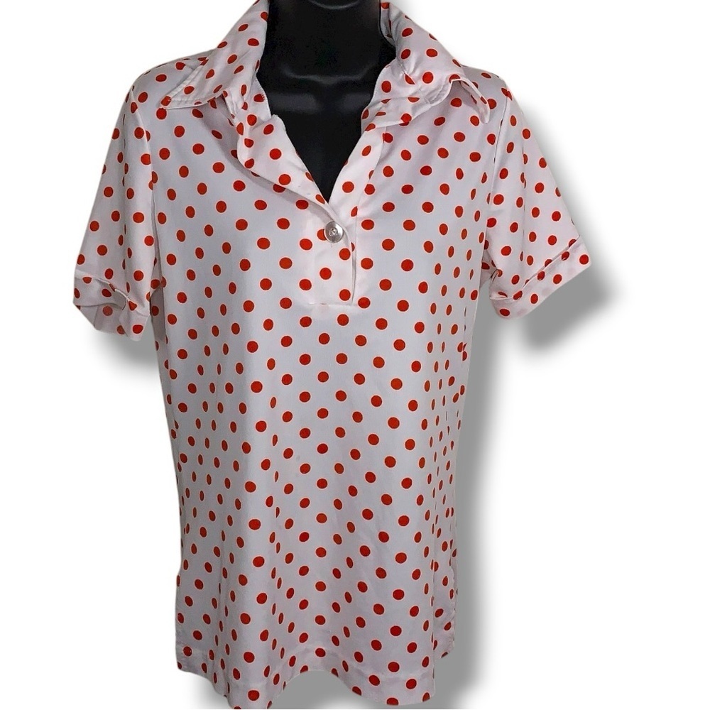 Vintage Medium 70s JCPenney White Red Polka Dot Polo Retro
Top Shirt Pinup